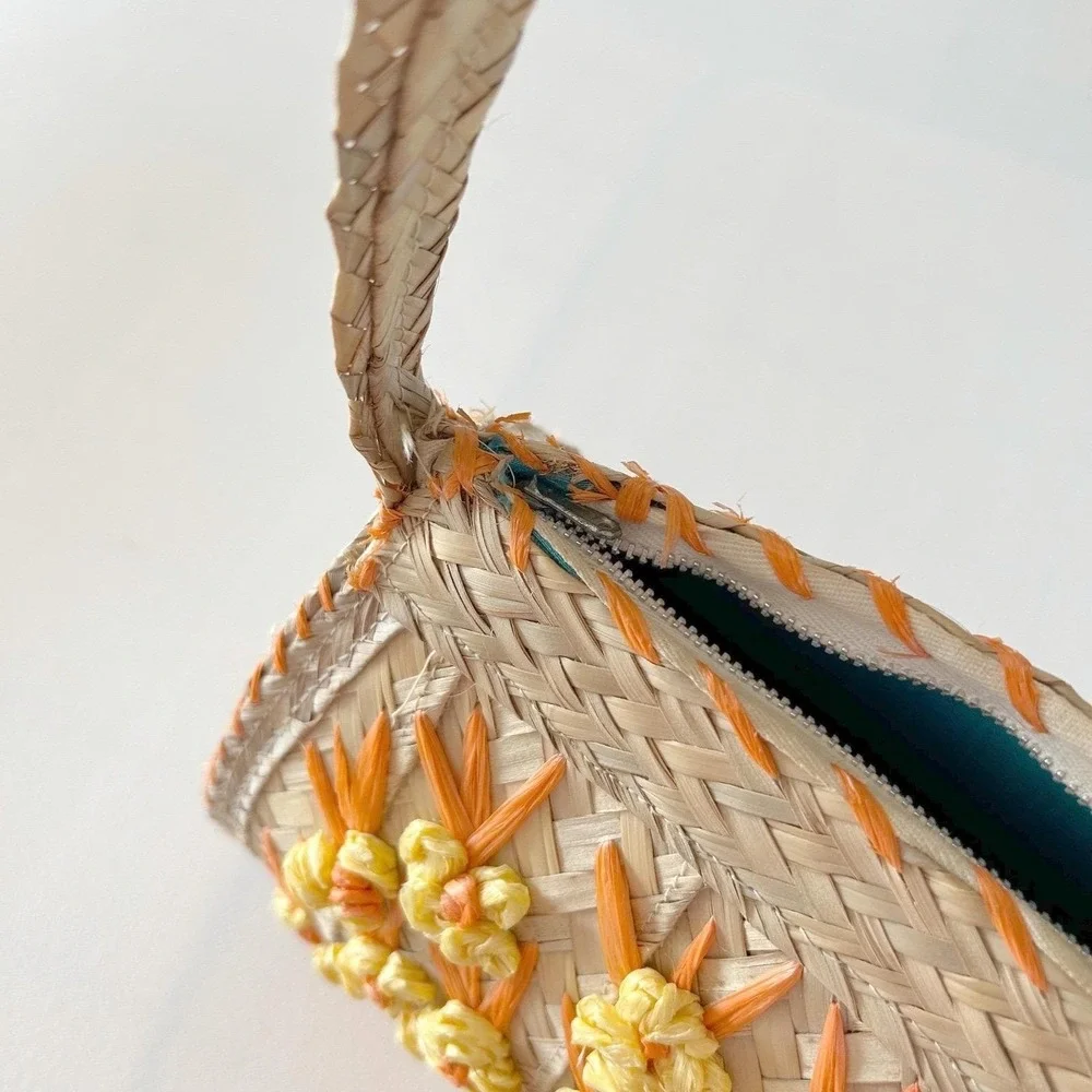 Vtg Woven Straw Handbag‎ Top Handle Orange Yellow Raffia Floral Boho Purse